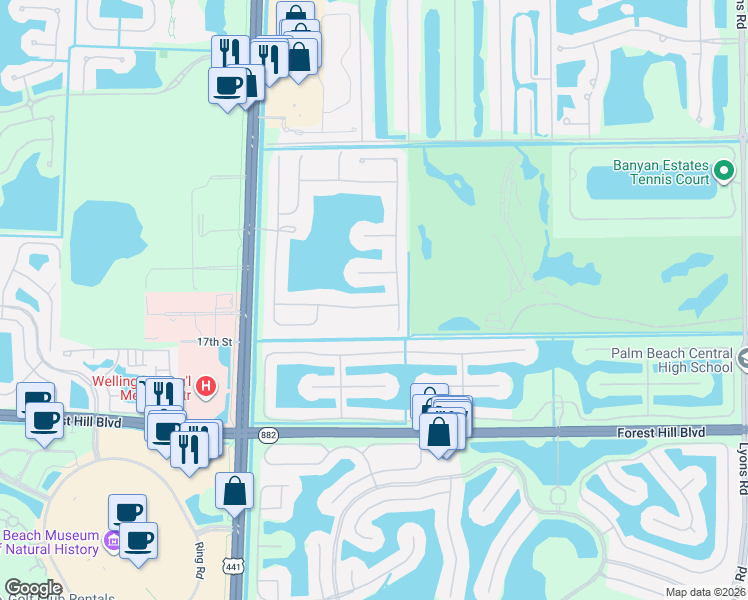 map of restaurants, bars, coffee shops, grocery stores, and more near 9408 Coventry Lake Court in West Palm Beach