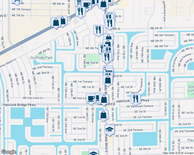 map of restaurants, bars, coffee shops, grocery stores, and more near 1519 Northeast 2nd Street in Cape Coral