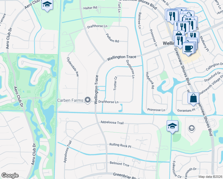 map of restaurants, bars, coffee shops, grocery stores, and more near 1713 Trotter Court in Wellington