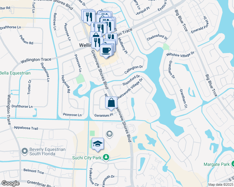 map of restaurants, bars, coffee shops, grocery stores, and more near 13770 Staimford Drive in Wellington