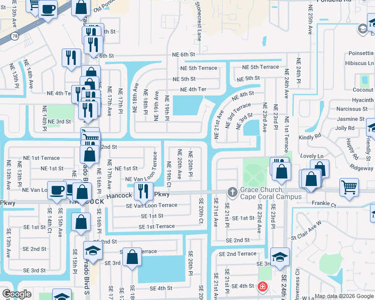 map of restaurants, bars, coffee shops, grocery stores, and more near 1931 Northeast 2nd Street in Cape Coral