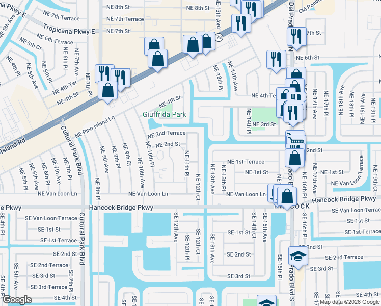 map of restaurants, bars, coffee shops, grocery stores, and more near 201 Northeast 11th Place in Cape Coral