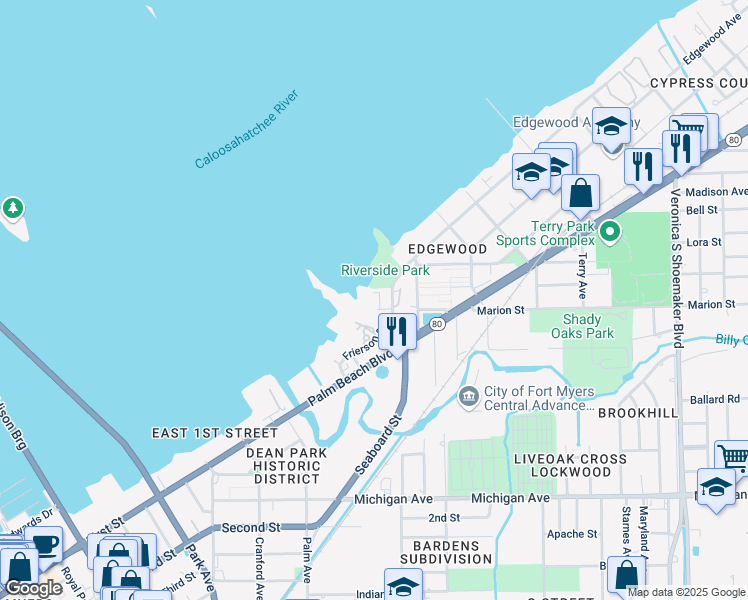 map of restaurants, bars, coffee shops, grocery stores, and more near 3027 East Riverside Drive in Fort Myers