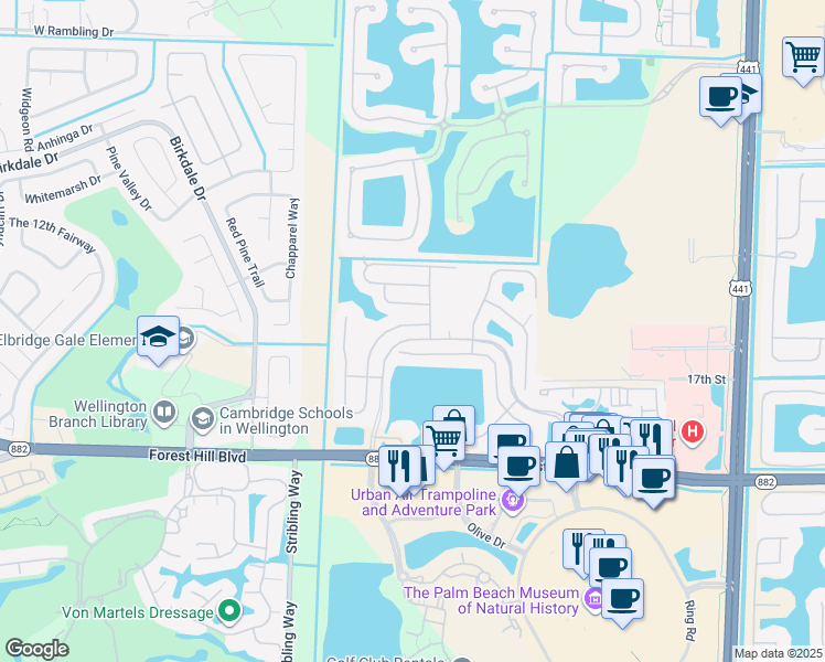 map of restaurants, bars, coffee shops, grocery stores, and more near 10706 Hidden Bend Way in Wellington