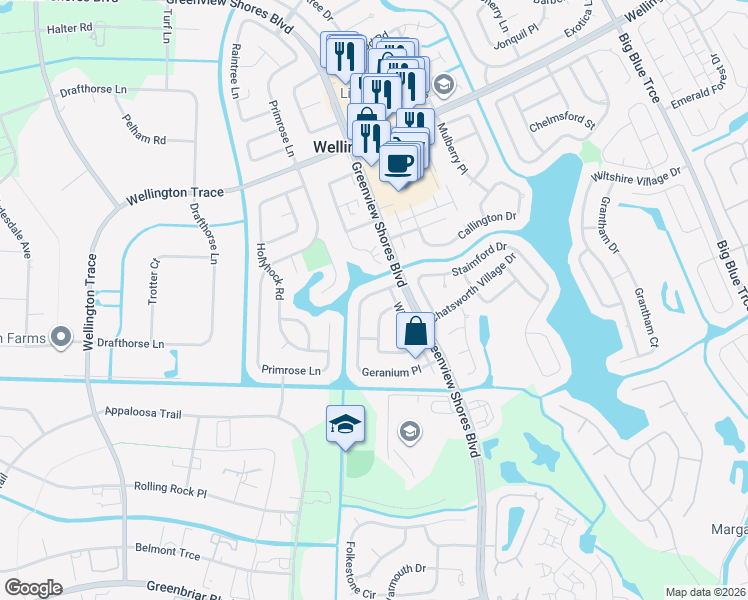 map of restaurants, bars, coffee shops, grocery stores, and more near 13954 Geranium Place in Wellington