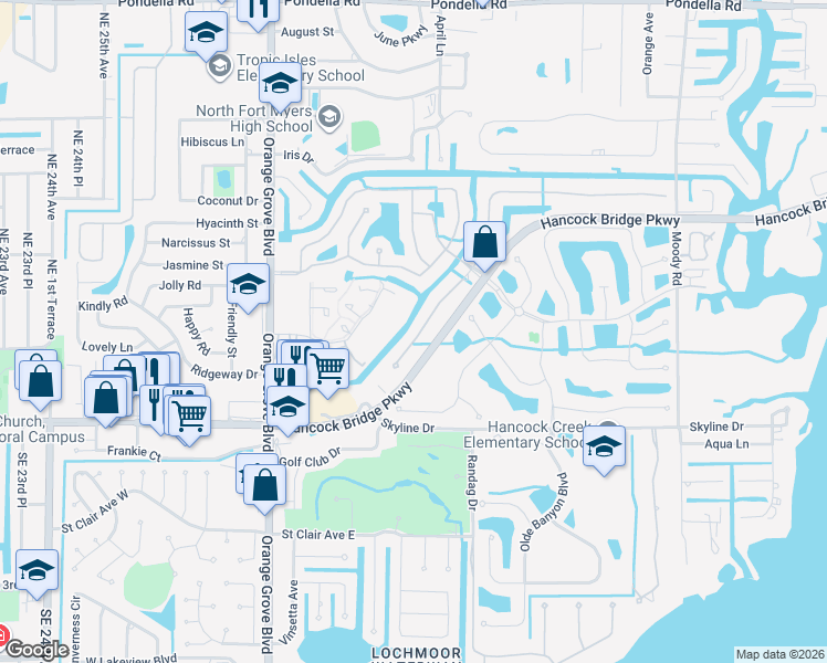 map of restaurants, bars, coffee shops, grocery stores, and more near 12801 Seaside Key Court in North Fort Myers