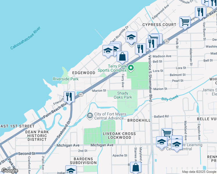 map of restaurants, bars, coffee shops, grocery stores, and more near 3327 Highland Avenue in Fort Myers