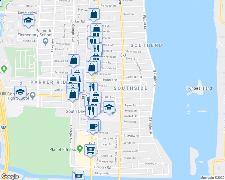 map of restaurants, bars, coffee shops, grocery stores, and more near 331 Lytle Street in West Palm Beach