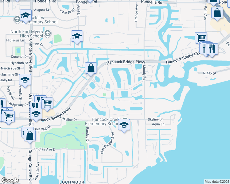 map of restaurants, bars, coffee shops, grocery stores, and more near 13041 Silver Thorn Loop in North Fort Myers
