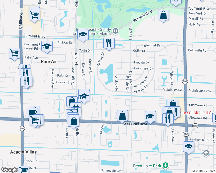 map of restaurants, bars, coffee shops, grocery stores, and more near 3751 Victoria Drive in West Palm Beach