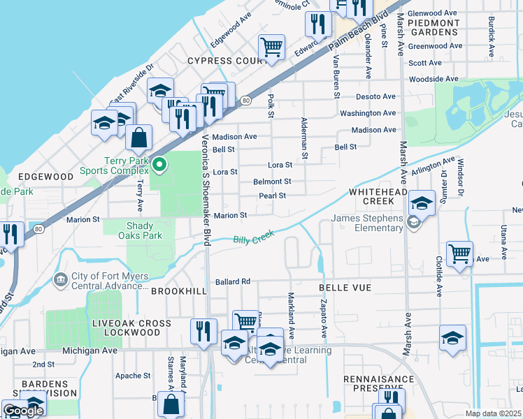 map of restaurants, bars, coffee shops, grocery stores, and more near 3758 Pearl Street in Fort Myers