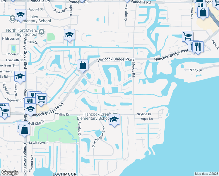 map of restaurants, bars, coffee shops, grocery stores, and more near 13090 Sandy Key Bend in North Fort Myers
