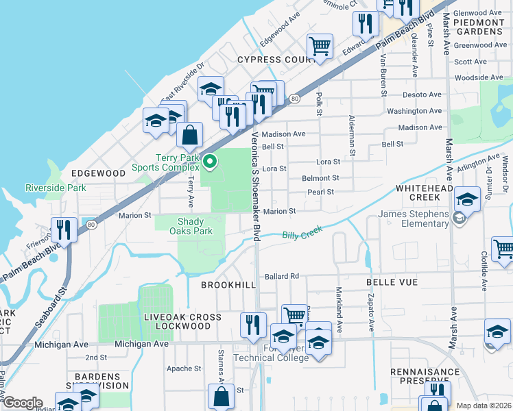 map of restaurants, bars, coffee shops, grocery stores, and more near 1171 Veronica S Shoemaker Boulevard in Fort Myers