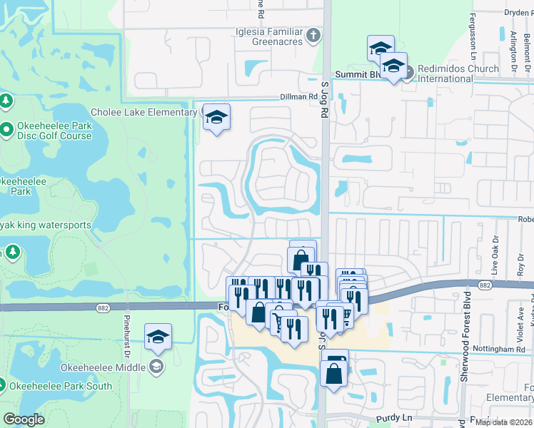 map of restaurants, bars, coffee shops, grocery stores, and more near 1144 Hatteras Circle in Greenacres