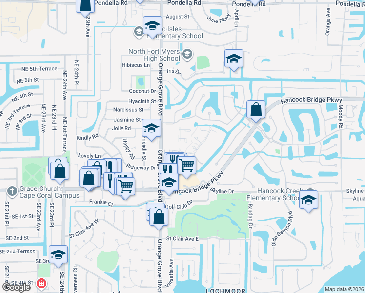map of restaurants, bars, coffee shops, grocery stores, and more near 863 Pangola Drive in North Fort Myers