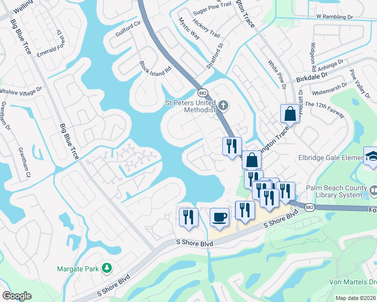 map of restaurants, bars, coffee shops, grocery stores, and more near 12137 Sunset Point Circle in Wellington