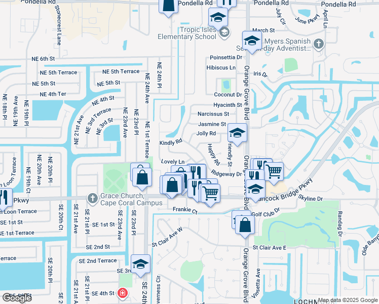 map of restaurants, bars, coffee shops, grocery stores, and more near 1031 Ridgeway Drive in North Fort Myers