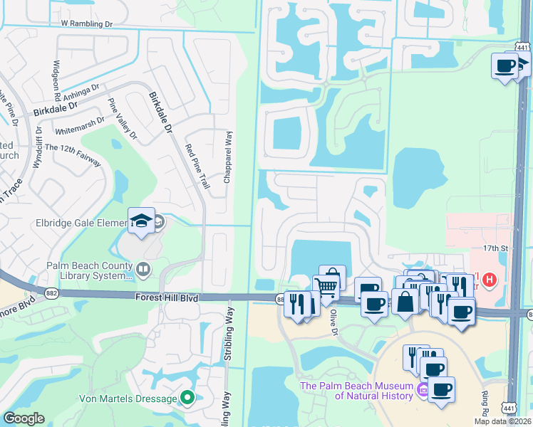 map of restaurants, bars, coffee shops, grocery stores, and more near 1823 Oak Berry Circle in Wellington