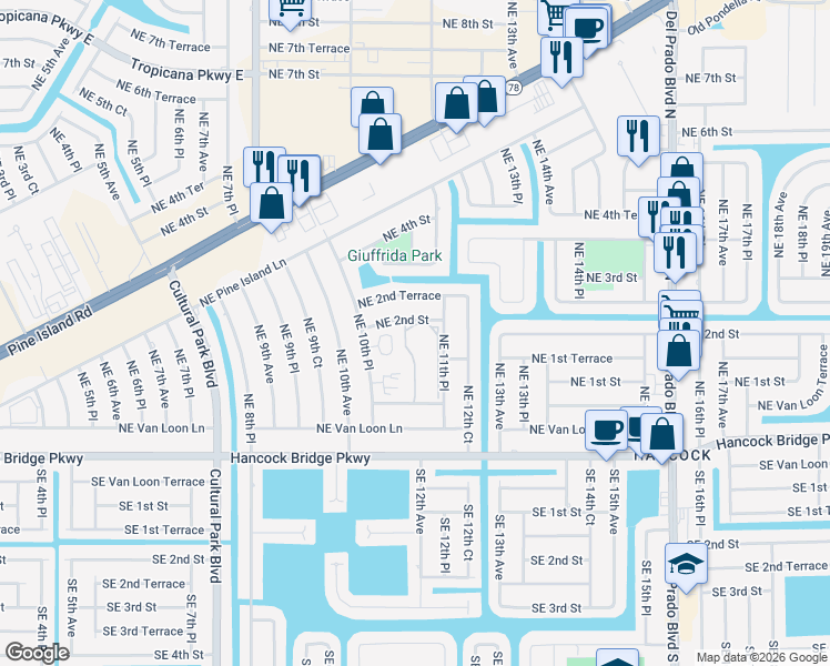 map of restaurants, bars, coffee shops, grocery stores, and more near 1101 Northeast 2nd Street in Cape Coral