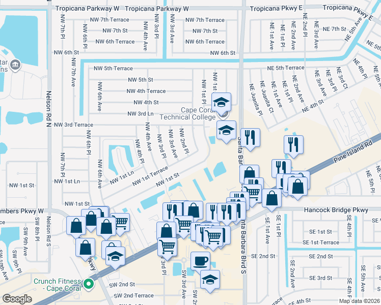 map of restaurants, bars, coffee shops, grocery stores, and more near 109 Northwest 2nd Place in Cape Coral