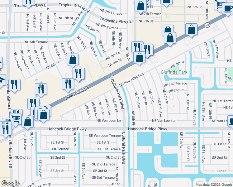 map of restaurants, bars, coffee shops, grocery stores, and more near 222 Cultural Park Boulevard in Cape Coral