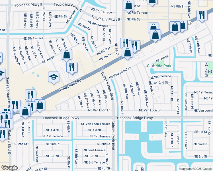 map of restaurants, bars, coffee shops, grocery stores, and more near 222 Cultural Park Boulevard in Cape Coral