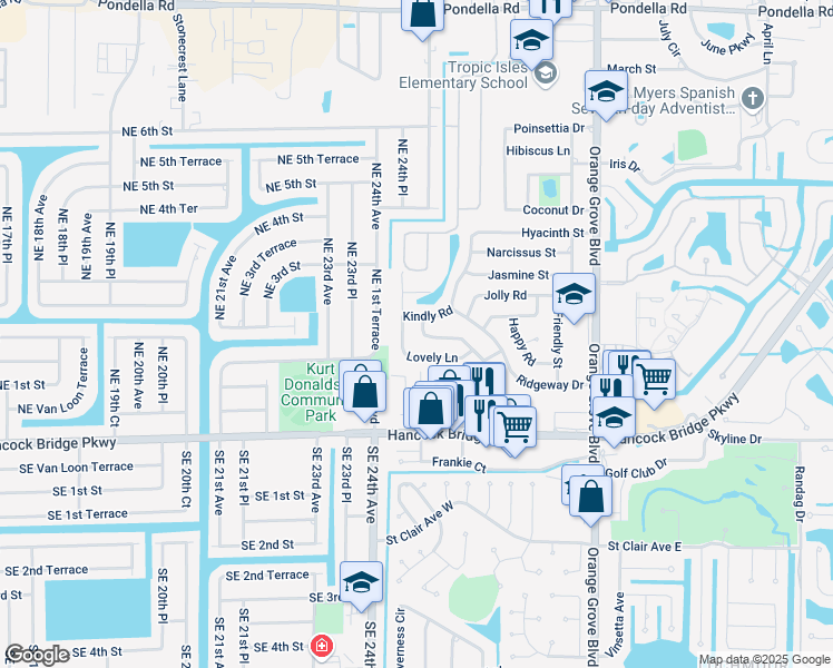 map of restaurants, bars, coffee shops, grocery stores, and more near 1073 Winsome Road in North Fort Myers