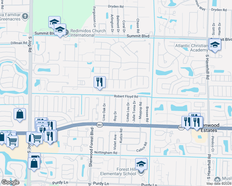 map of restaurants, bars, coffee shops, grocery stores, and more near 5871 Azalea Circle in West Palm Beach