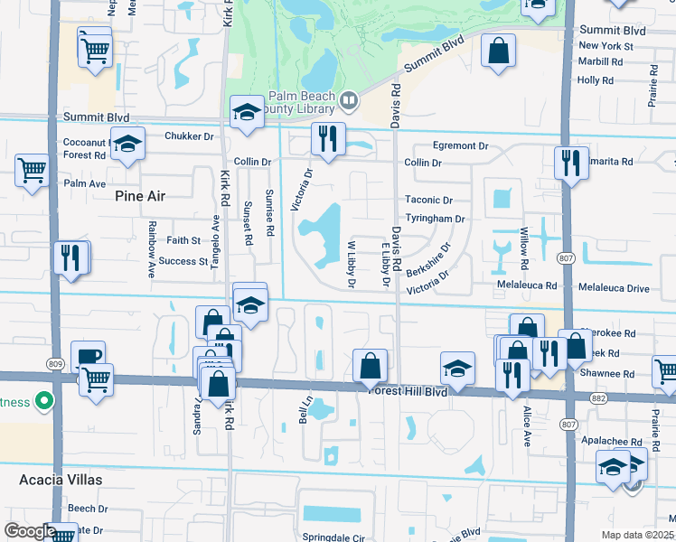 map of restaurants, bars, coffee shops, grocery stores, and more near 3667 Victoria Drive in West Palm Beach