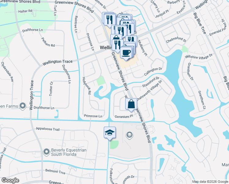 map of restaurants, bars, coffee shops, grocery stores, and more near 13941 Geranium Place in Wellington