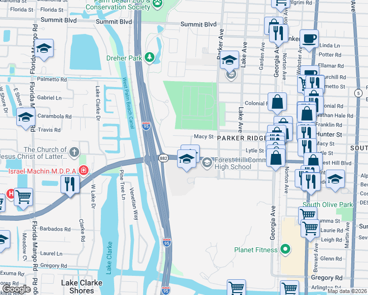 map of restaurants, bars, coffee shops, grocery stores, and more near 1011 Forest Court in West Palm Beach