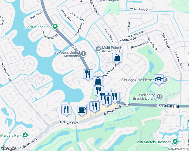 map of restaurants, bars, coffee shops, grocery stores, and more near 12053 Basin Street North in Wellington