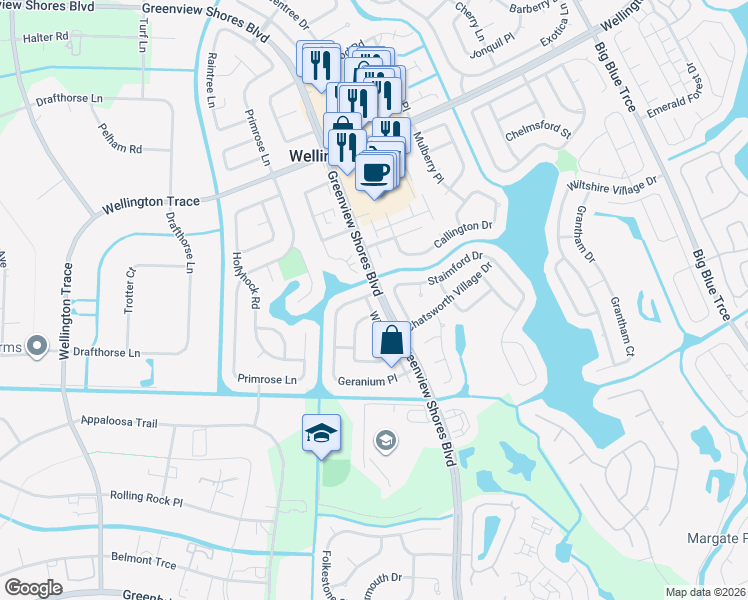 map of restaurants, bars, coffee shops, grocery stores, and more near 1746 Wisteria Street in Wellington