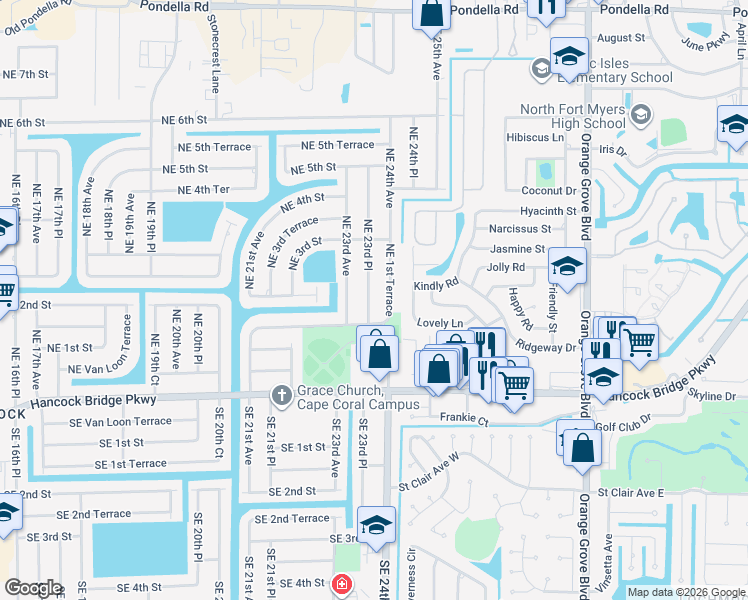 map of restaurants, bars, coffee shops, grocery stores, and more near 202 Northeast 1st Terrace in Cape Coral