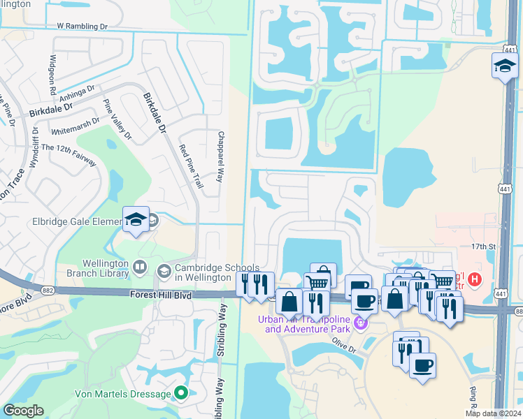 map of restaurants, bars, coffee shops, grocery stores, and more near 1838 Oak Berry Circle in Wellington