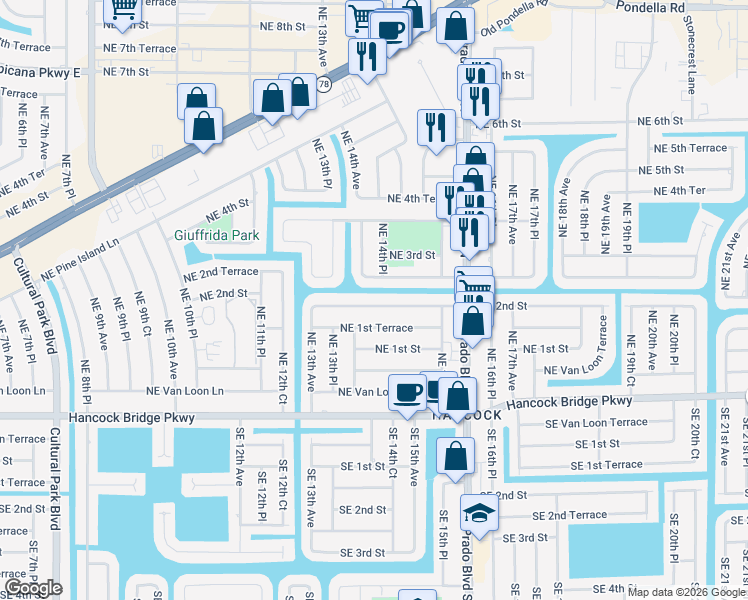 map of restaurants, bars, coffee shops, grocery stores, and more near 1345 Northeast 2nd Street in Cape Coral