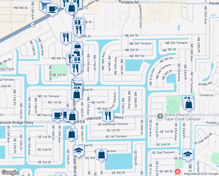 map of restaurants, bars, coffee shops, grocery stores, and more near 1823 Northeast 2nd Street in Cape Coral