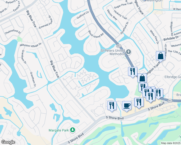 map of restaurants, bars, coffee shops, grocery stores, and more near 1704 Shoreside Circle in Wellington