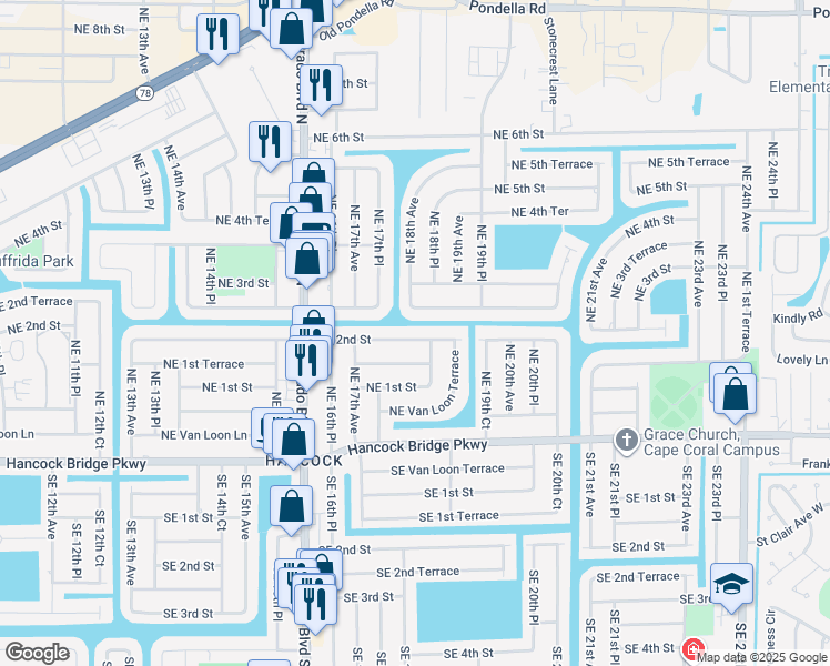 map of restaurants, bars, coffee shops, grocery stores, and more near 1823 Northeast 2nd Street in Cape Coral