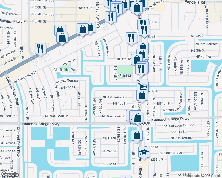 map of restaurants, bars, coffee shops, grocery stores, and more near 1345 Northeast 2nd Street in Cape Coral