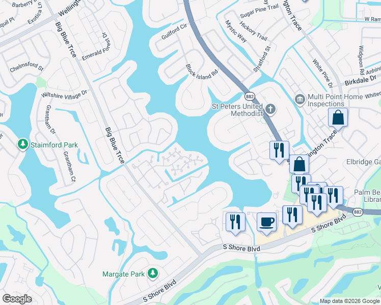 map of restaurants, bars, coffee shops, grocery stores, and more near 1704 Shoreside Circle in Wellington
