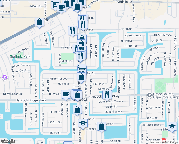 map of restaurants, bars, coffee shops, grocery stores, and more near 1701 Northeast 2nd Street in Cape Coral