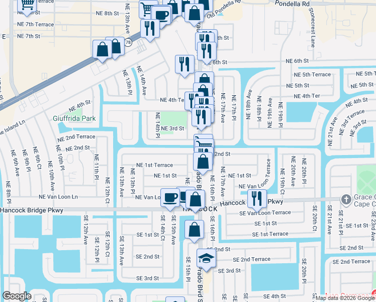 map of restaurants, bars, coffee shops, grocery stores, and more near 1519 Northeast 2nd Street in Cape Coral