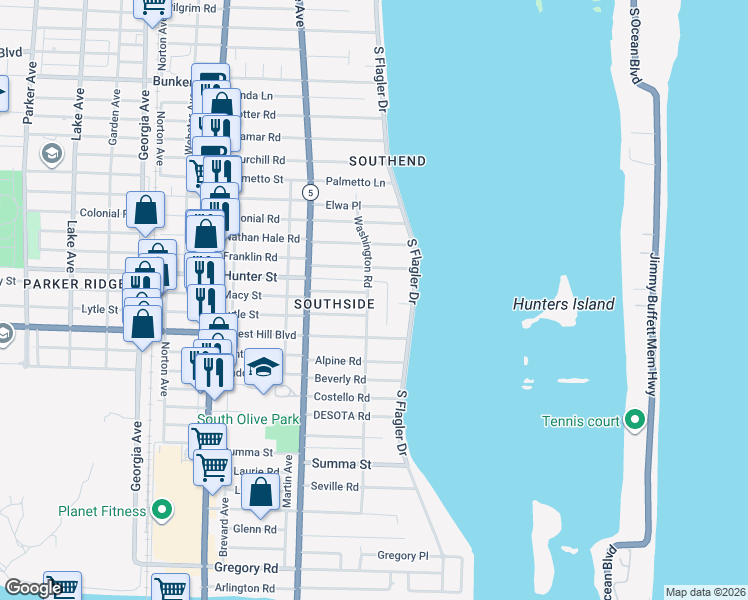 map of restaurants, bars, coffee shops, grocery stores, and more near 6600 Washington Road in West Palm Beach