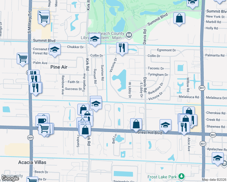 map of restaurants, bars, coffee shops, grocery stores, and more near 3751 Victoria Drive in West Palm Beach