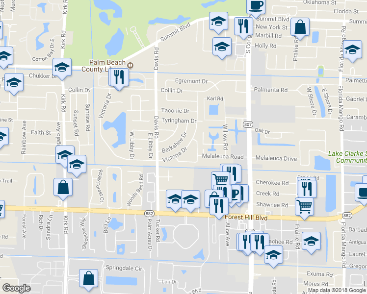 map of restaurants, bars, coffee shops, grocery stores, and more near 1369 Victoria Drive in West Palm Beach