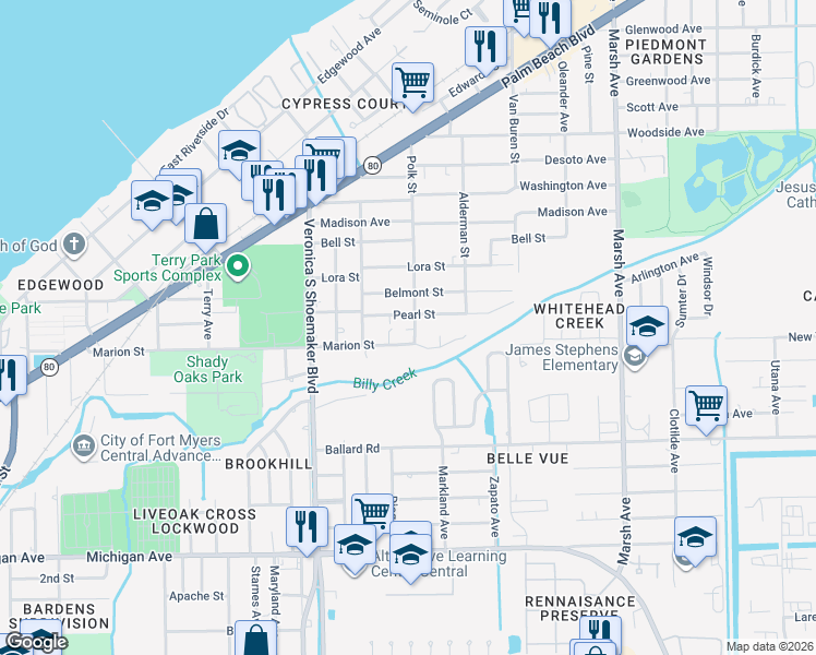 map of restaurants, bars, coffee shops, grocery stores, and more near 1150 Polk Street in Fort Myers