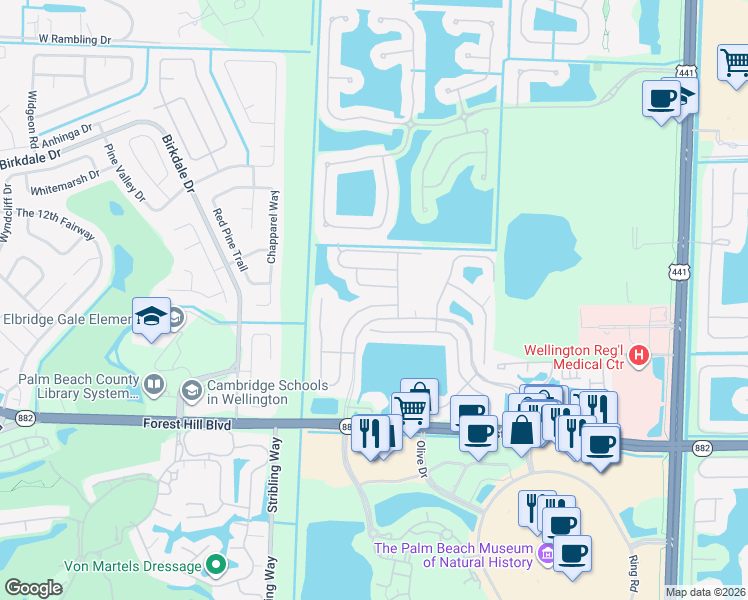map of restaurants, bars, coffee shops, grocery stores, and more near 1644 Oak Berry Circle in Wellington