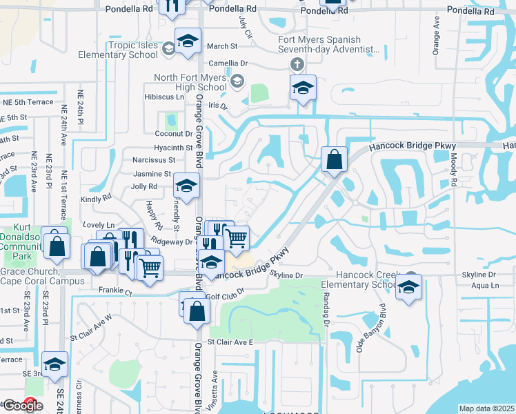 map of restaurants, bars, coffee shops, grocery stores, and more near 712 Pangola Drive in North Fort Myers