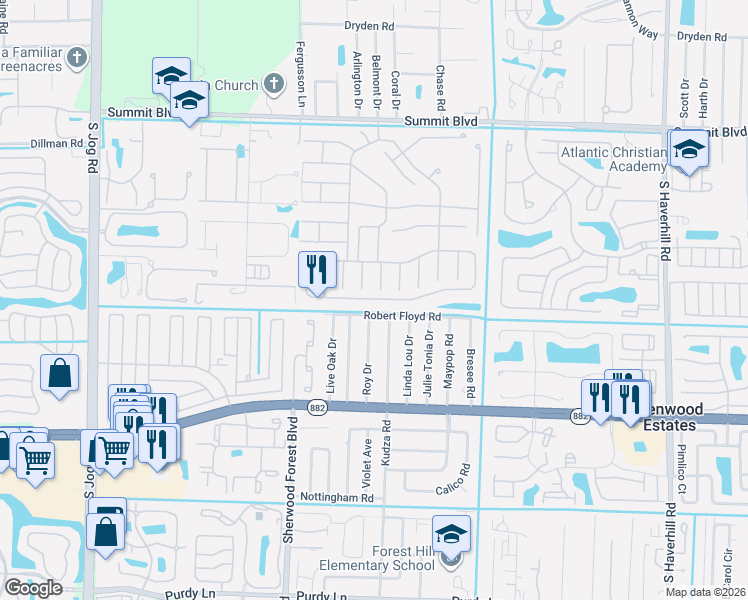 map of restaurants, bars, coffee shops, grocery stores, and more near 5871 Azalea Circle in West Palm Beach